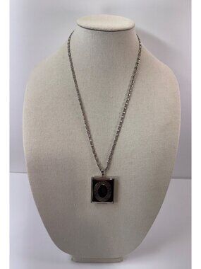 Vintage Silver Tone Locket Necklace Byzantine Chain Geometric Modernist